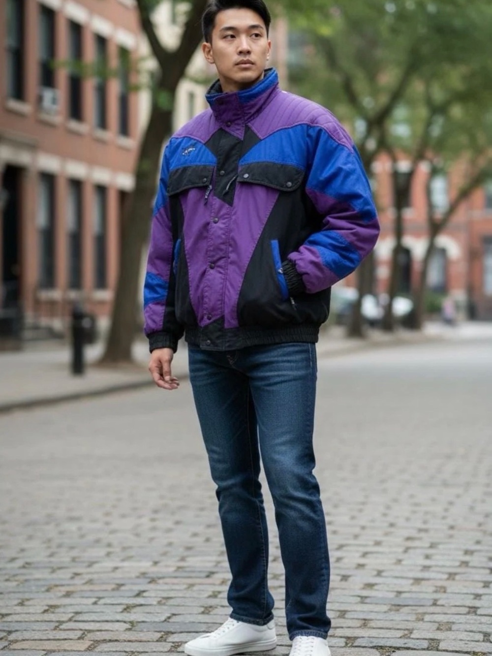 Vintage 90s Colorblock Ski Jacket | Purple Blue Winter Coat, Large
